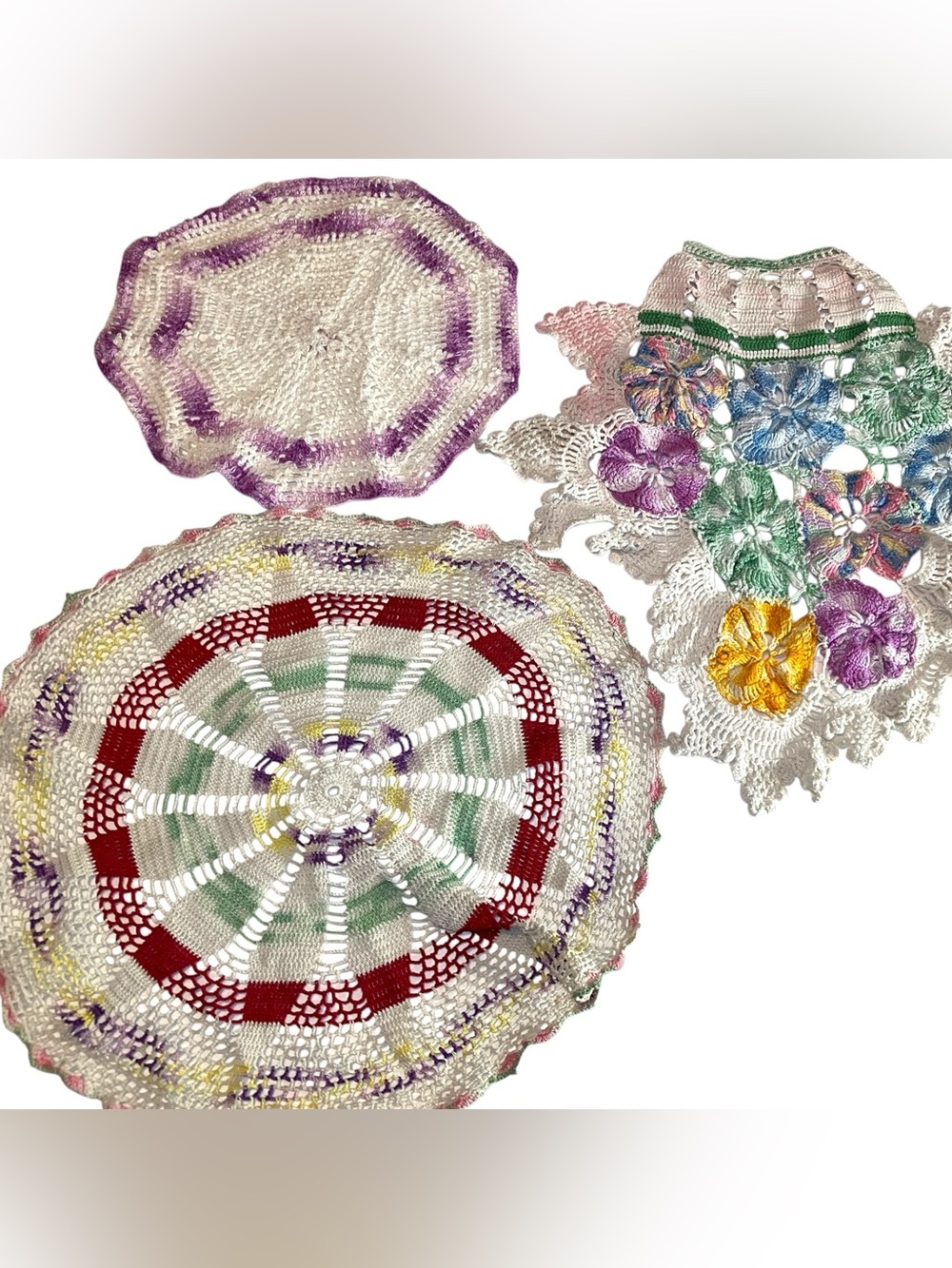 Vintage Crochet Doily Table Linen Lot (3) Purple Shabby Chic Cottagecore